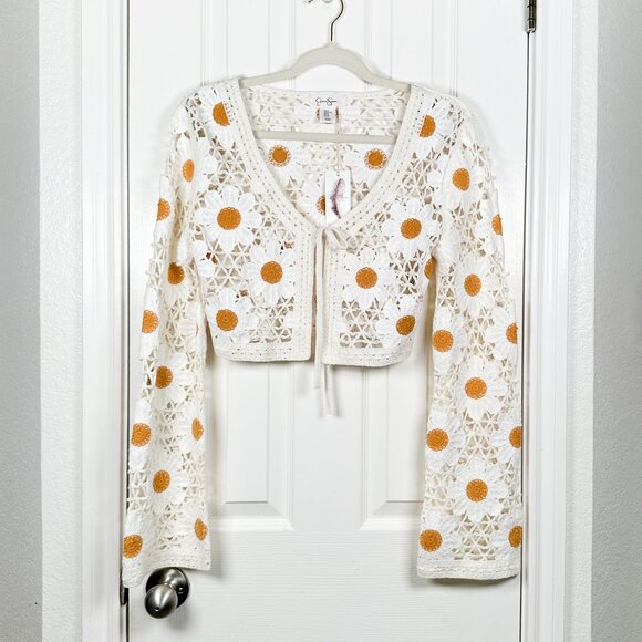 NWT Jessica Simpson Women's Crocheted Bolero Sweater XL Floral Daisy Cropped - Picture 1 of 7